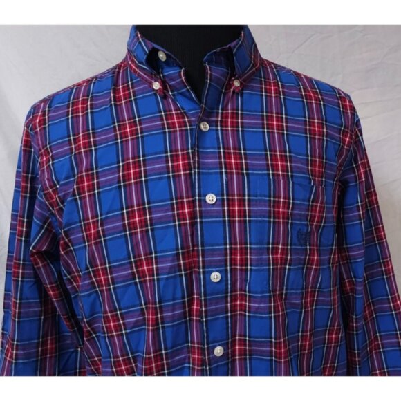 Chaps Easy Care Mens Medium Blue Red Plaid Long Sleeve Button Down Logo Shirt - Picture 2 of 11